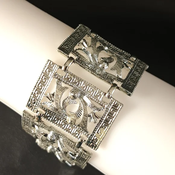 Women's Fashion Silver Tone Chunky Link Panel Bracelet 1960s‎ Style - Picture 5 of 8